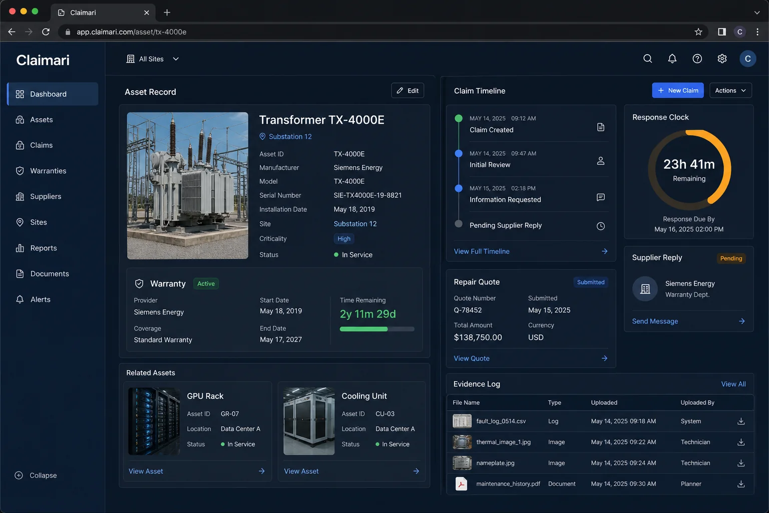 Claimari asset record, warranty, claim timeline, response clock, and evidence log interface