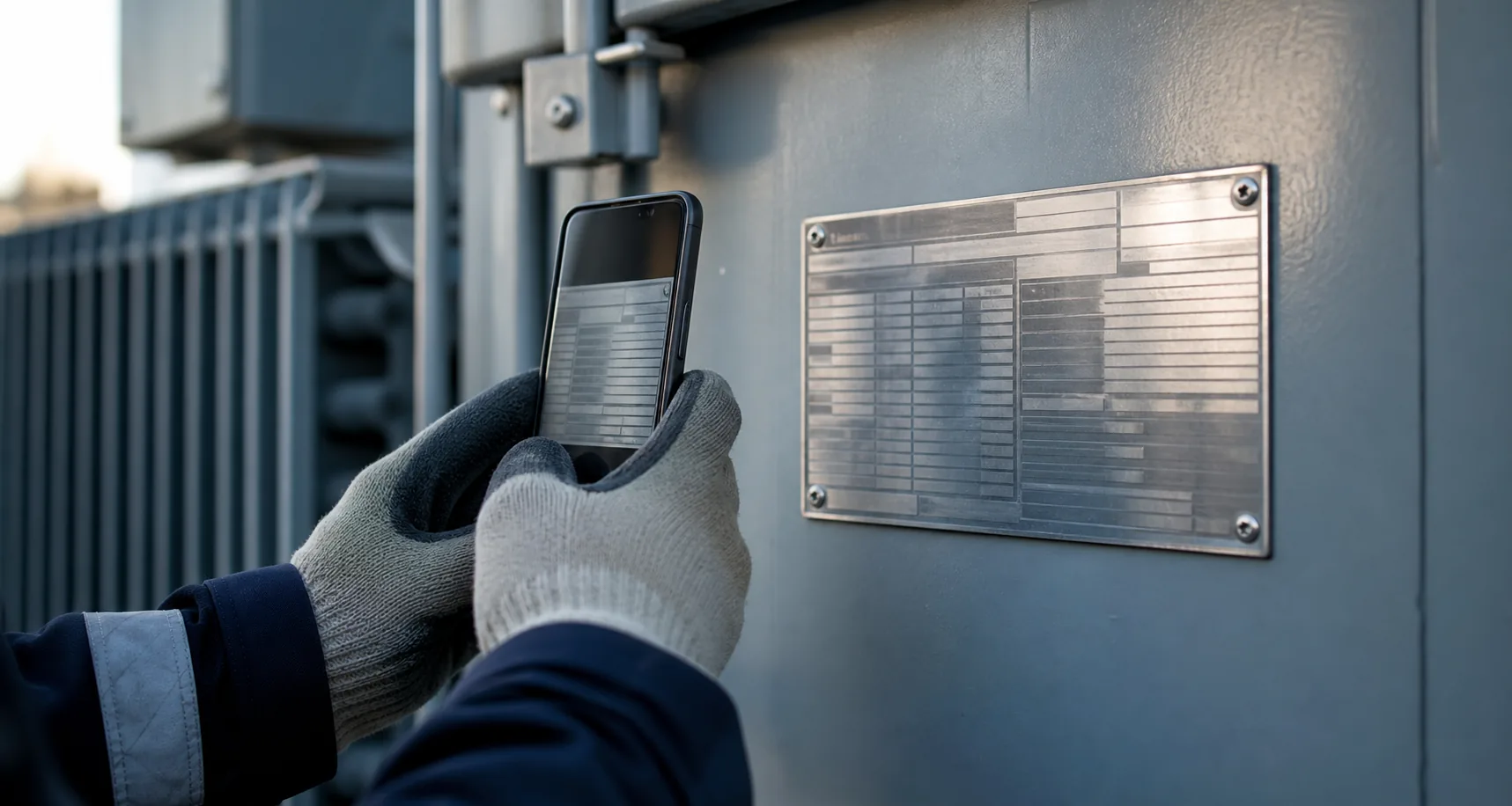 Technician photographing an equipment nameplate